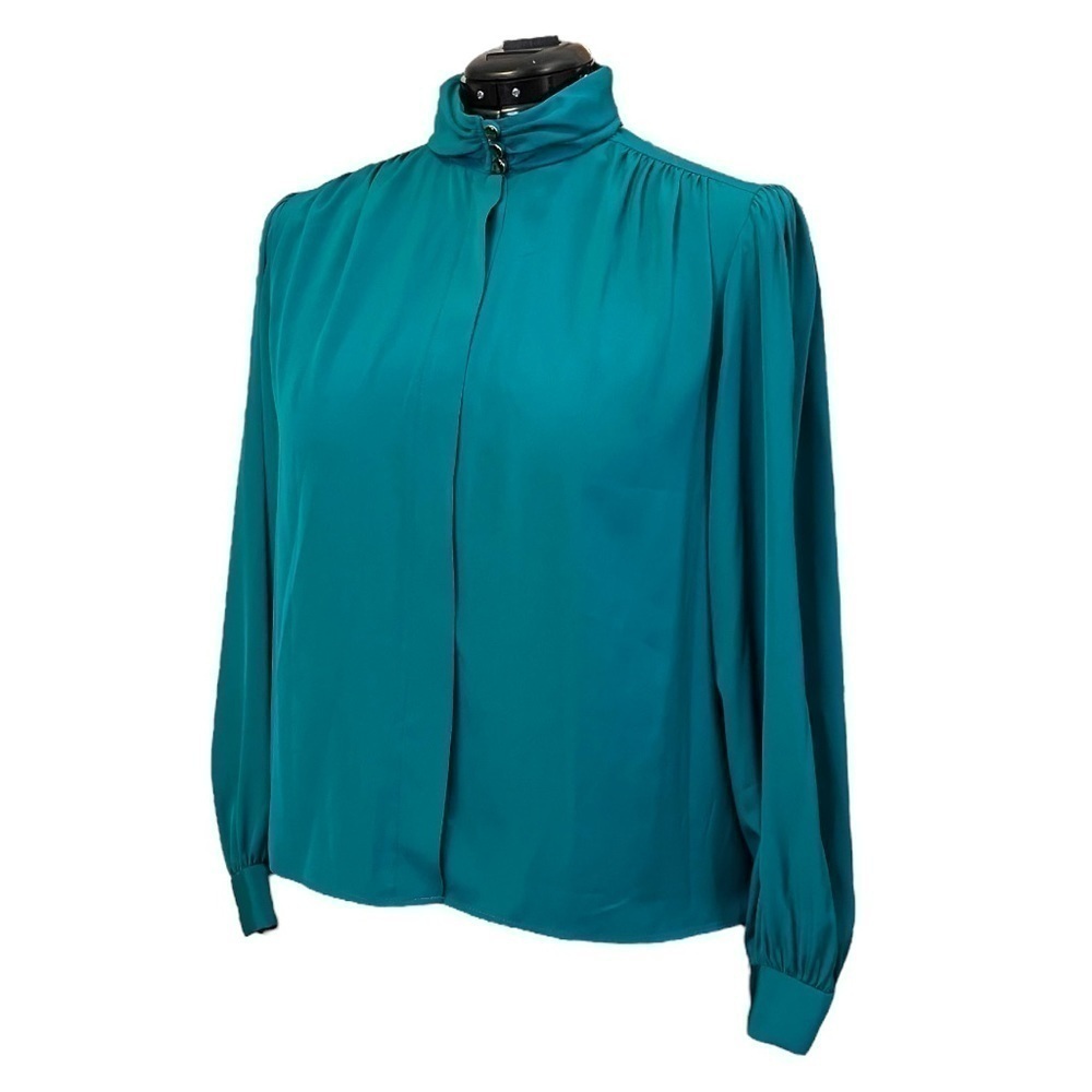 St. Michael Vintage Teal Blouse with Jewel Button Closure & Exaggerated Sleeves